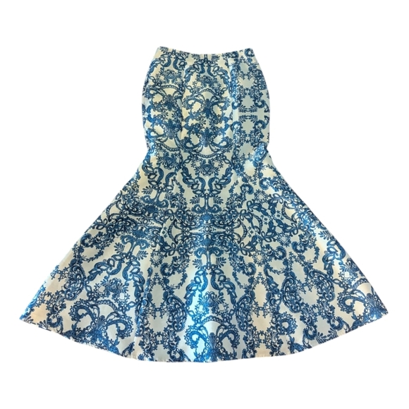 Speechless Satin Maxi Trumpet Skirt Blue/White Scroll Pattern Sz L - Picture 7 of 8